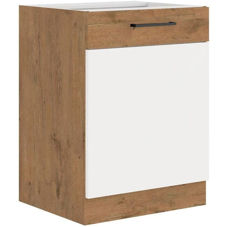 ROCK - Meuble bas - Mélaminé chene Lancelot et Blanc brillant - 60 cm - 1 porte battante - Plan de travail non inclus