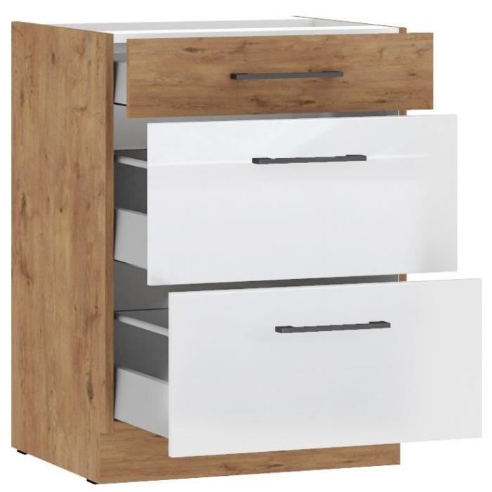 ROCK - Meuble bas casserolier - Mélaminé chene Lancelot et Blanc brillant - 60 cm - 3 tiroirs - Plan de travail non inclus