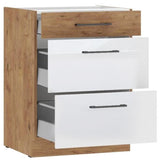 ROCK - Meuble bas casserolier - Mélaminé chene Lancelot et Blanc brillant - 60 cm - 3 tiroirs - Plan de travail non inclus