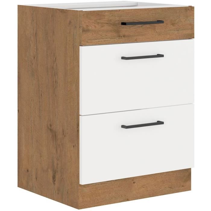ROCK - Meuble bas casserolier - Mélaminé chene Lancelot et Blanc brillant - 60 cm - 3 tiroirs - Plan de travail non inclus