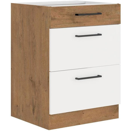 ROCK - Meuble bas casserolier - Mélaminé chene Lancelot et Blanc brillant - 60 cm - 3 tiroirs - Plan de travail non inclus