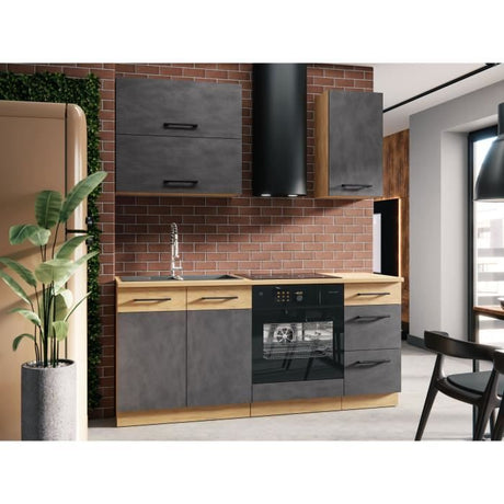 Colonne four cuisine ROCK - Mélaminé décor chene lancelot et gris matera - 2 portes + 4 étageres - L60 x H210 cm