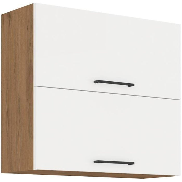 ROCK - Meuble haut - Mélaminé chene Lancelot et Blanc brillant - 80 cm - 2 portes basculantes