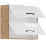 ROCK - Meuble haut - Mélaminé chene Lancelot et Blanc brillant - 80 cm - 2 portes basculantes