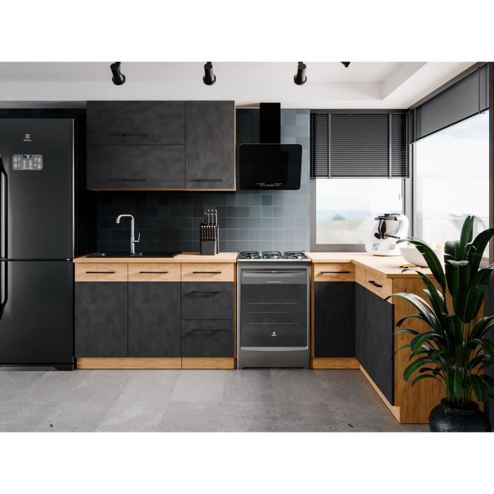 Cuisine complete d'angle ROCK 268 x 148 cm - Angle rÈversible - DÈcor chene et gris matera - Plan de travail non inclus