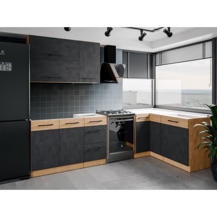 Cuisine complete d'angle ROCK 268 x 148 cm - Angle réversible - Décor chene et gris matera - Plan de travail non inclus