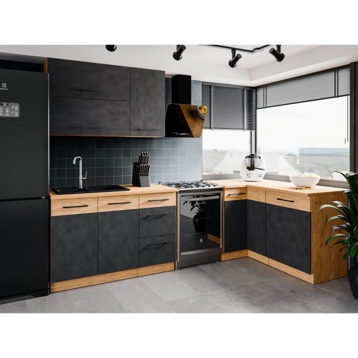 Cuisine complete d'angle ROCK 268 x 148 cm - Angle rÈversible - DÈcor chene et gris matera - Plan de travail non inclus
