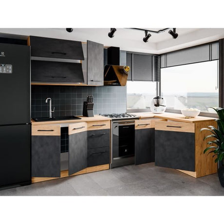 Cuisine complete d'angle ROCK 268 x 148 cm - Angle réversible - Décor chene et gris matera - Plan de travail non inclus