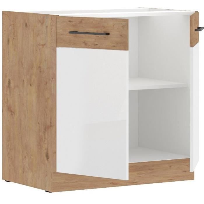 ROCK - Meuble bas - Mélaminé decor chene Lancelot et Blanc - 80 cm - 2 portes battantes - Plan de travail non inclus