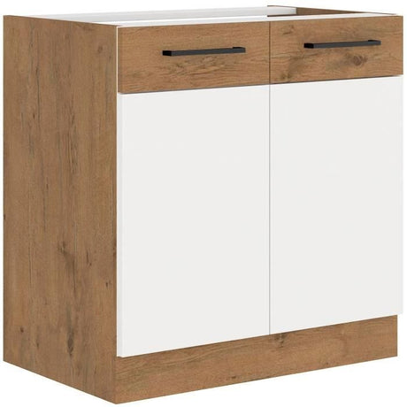 ROCK - Meuble bas - Mélaminé decor chene Lancelot et Blanc - 80 cm - 2 portes battantes - Plan de travail non inclus