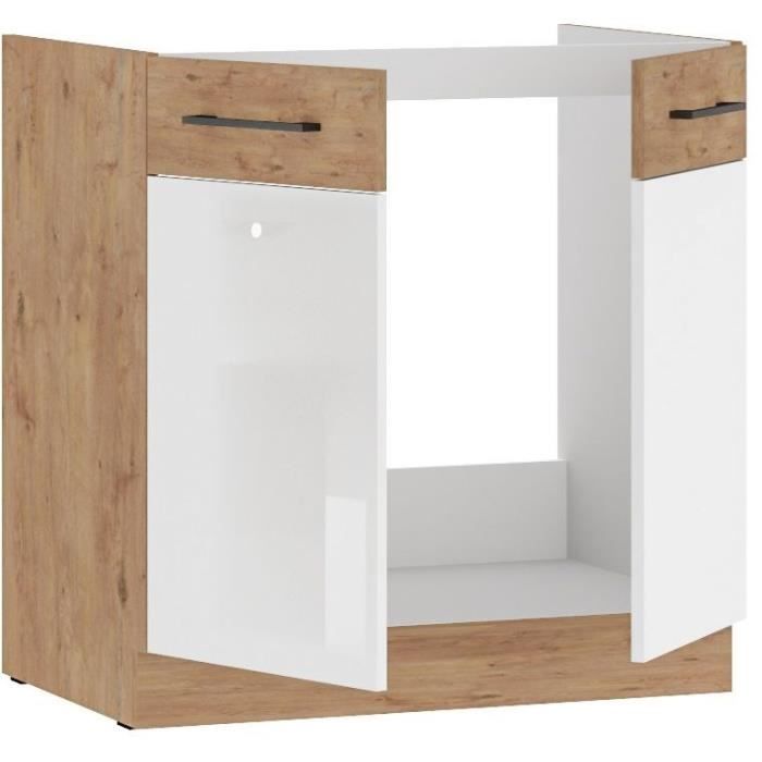Rock - Meuble sous évier - Mélaminé chene Lancelot et Blanc brillant - 80 cm - 2 portes battantes - Plan de travail non inclus