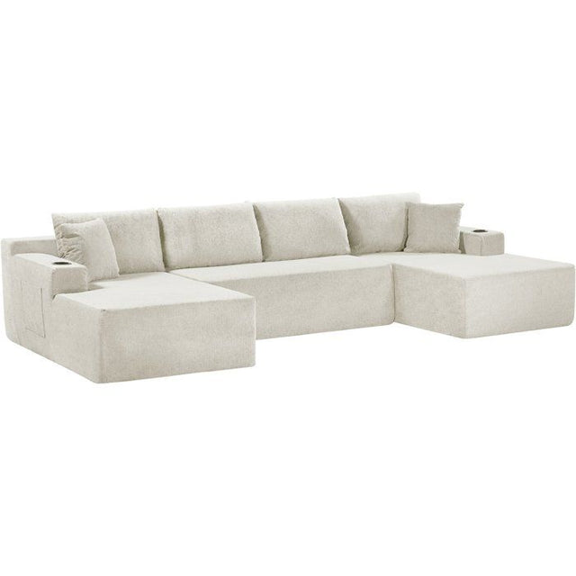 Canapé compressé modulable - 4 places - ROGER - Tissu Beige creme - Rangements & Porte-verres - 339 x 168 x 84 cm