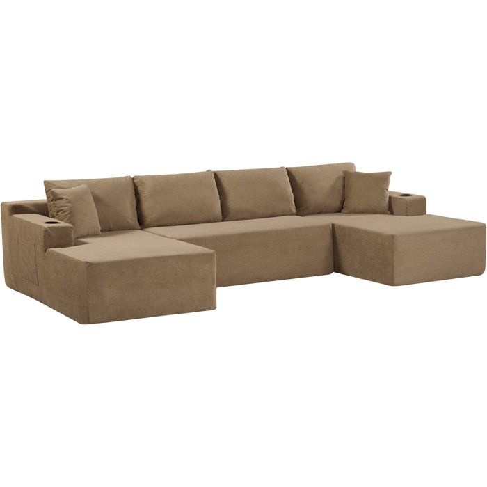 Canapé compressé modulable - 4 places - ROGER - Tissu Camel - Rangements & Porte-verres - 339 x 168 x 84 cm