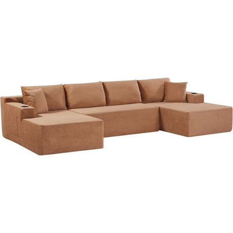 Canapé compressé modulable - 4 places - ROGER - Tissu Brun noisette - Rangements & Porte-verres - 339 x 168 x 84 cm