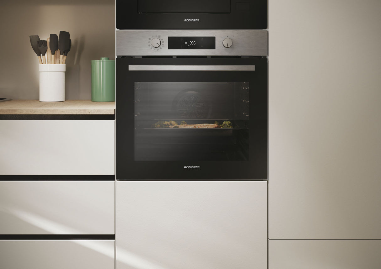 Four encastrable - Pyrolyse + Hydrolyse - ROSIERES - RO6 C5AB3EYTX - Inox / Noir - Porte froide - 59,5 x 56,8 x 59,5 cm