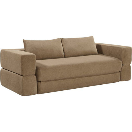 Canapé compressé convertible - 2/3 places - ROSALIE - Tissu Camel - Accoudoirs dépliables - 233 x 100 x 81 cm