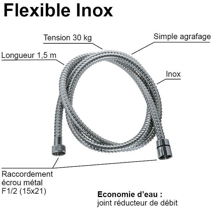Flexible de douche - ROUSSEAU - Écrous métal - Sertis de sécurité - Longueur 1m50 - Inox chromé simple agrafage