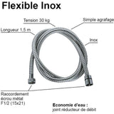 Flexible de douche - ROUSSEAU - Écrous métal - Sertis de sécurité - Longueur 1m50 - Inox chromé simple agrafage