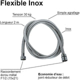 Flexible de douche - ROUSSEAU - Écrous métal - Sertis de sécurité - Longueur 2 m - Inox chromé simple agrafage