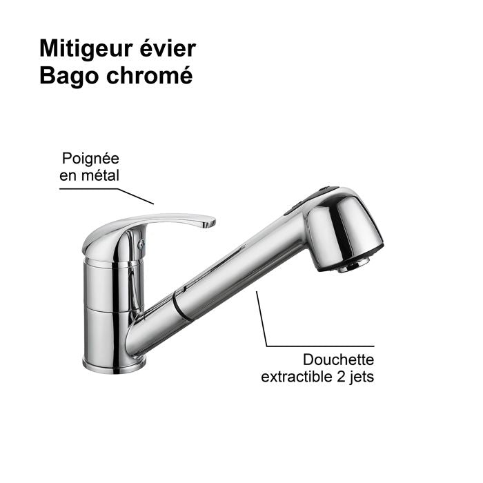 Edouard Rousseau - Mitigeur Evier BAGO - Douchette Extractible 2 Jets - Chromé