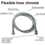 Flexible de douche - ROUSSEAU - Écrous métal anti-torsion - Pression 1 bar - Longueur 1m75 - Inox chromé double agrafage