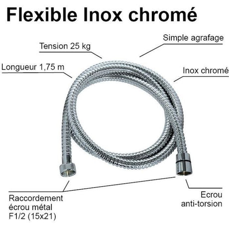 Flexible de douche - ROUSSEAU - Écrous métal anti-torsion - Pression 1 bar - Longueur 1m75 - Inox chromé double agrafage