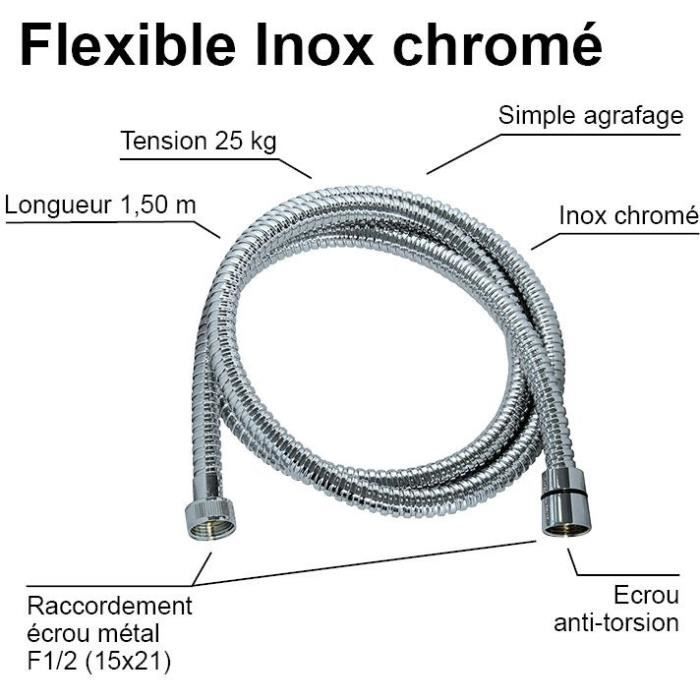 Flexible de douche - ROUSSEAU - Raccord universel - Format compact - Écrous métal - Longueur 1m50 - Inox chromé simple agrafage