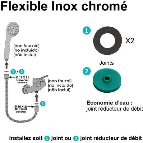 Flexible de douche - ROUSSEAU - Écrous métal anti-torsion - Réduction du débit - Longueur 2 m - Inox chromé double agrafage