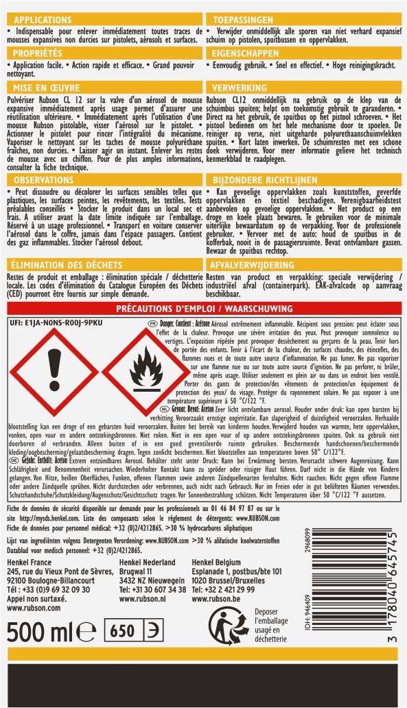 Aérosol nettoyant mousse expansive - RUBSON - CL 12 - 500 ml