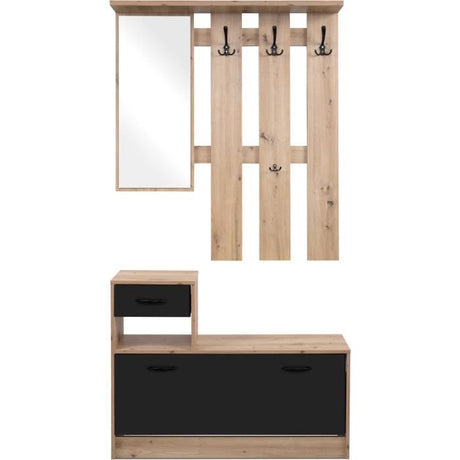 Vestiaire d'entrée avec miroir et rangements - RUDOLF - Décor Chene artisan et noir - Style industriel - L100 x P25 x H180 cm