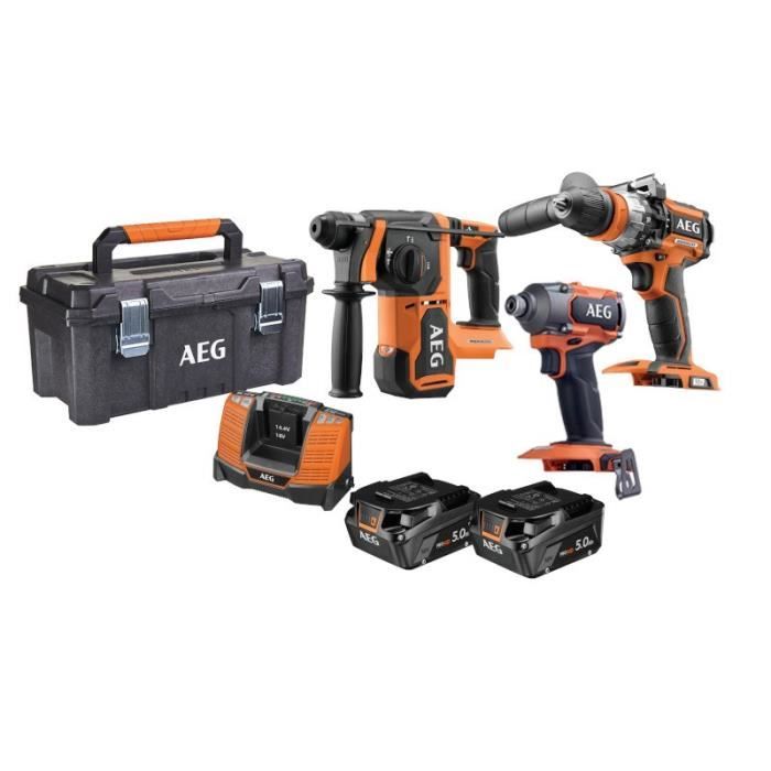 AEG - Combo 3 outils Brushless : Perceuse percu., Visseuse a chocs, Perforateur, 2 batt. 5 Ah HD, charg., caisse - FR18ACE3BL-502TB