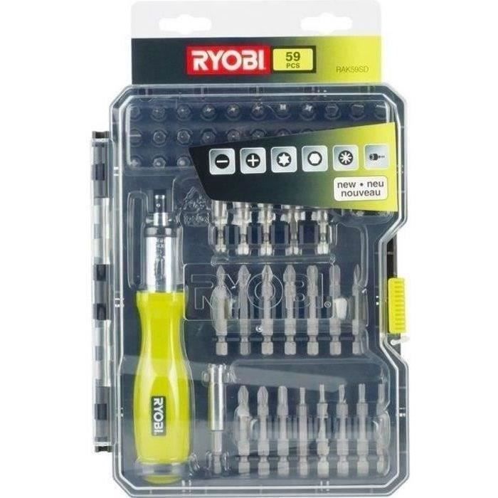 RYOBI - Coffret 59 accessoires vissage - boulonnage PH / PZ / SL / HEX / TX avec tournevis a cliquet - RAK59SD