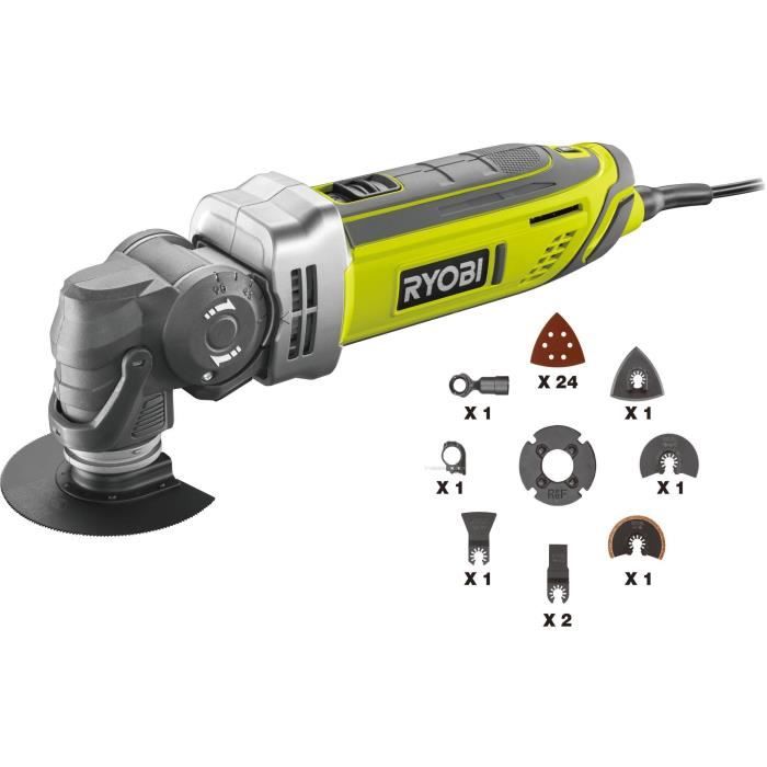 RYOBI - Multitool 300 W - Sac avec plateau de ponçage, 24 feuilles abrasives & lames (bois/métal, plongeantes & diamant) - RMT300-SA