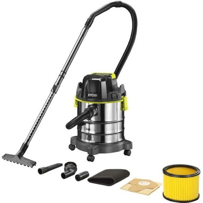 RYOBI - Aspirateur eau et poussiere 18V ONE+ - cuve inox 18 L -  11,4 kPa + flexible 1,8 m & accessoires - R18WDV-0