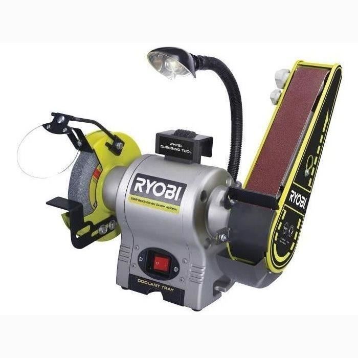 RYOBI - Touret a bande et a disque 250 W + meule a ébavurer, bande ponçage 50 x 686 mm, pare-éclats & 2 porte-pieces - RBGL250G