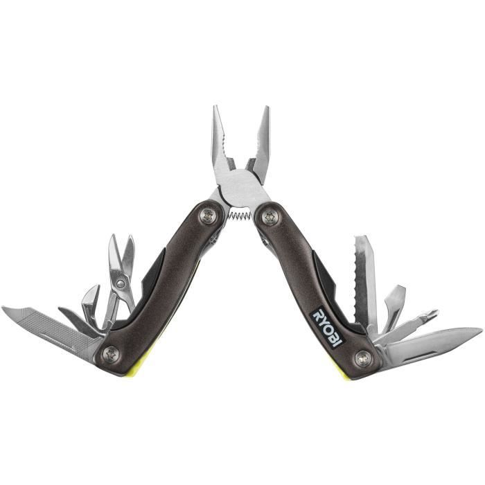 Pince multifonction 14-en-1 - RYOBI - Pince, ciseaux, décapsuleurs, couteau, tournevis, pince, poinçon, scie, lime, lames -