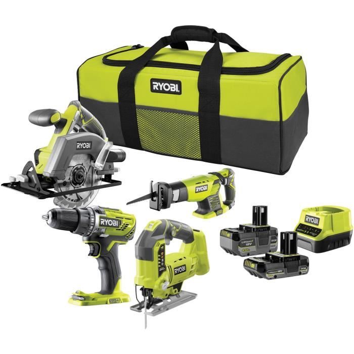 RYOBI 4 outils : 1 perceuse-visseuse + scies (sauteuse, circulaire & sabre) + 2 batteries 4 Ah & 2Ah + 1 chargeur & sac de transport