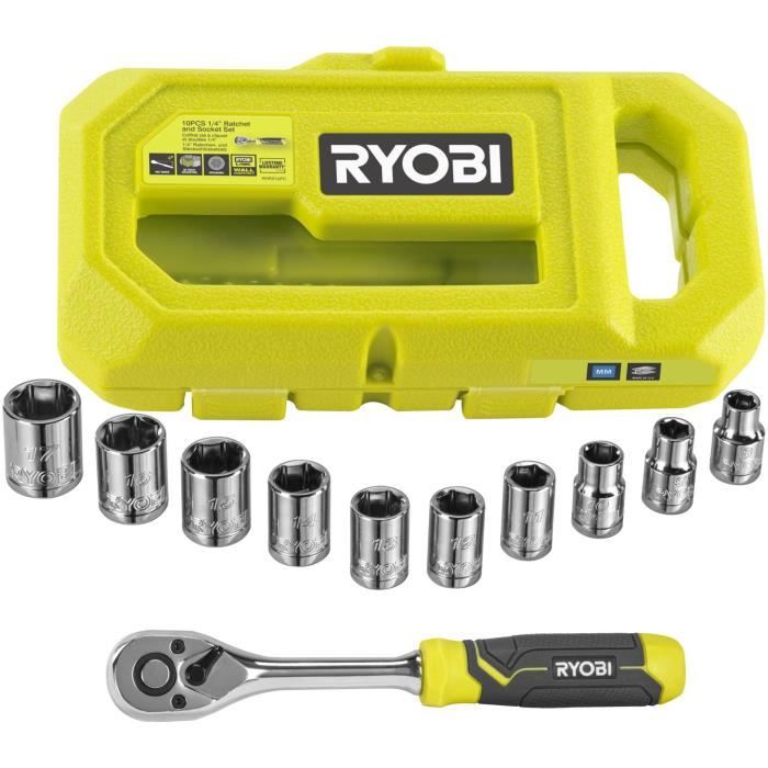 RYOBI - Coffret 1 clé 90 dents, 8 douilles (de 8 a 15 mm) & adaptateur 1/4'' - 3/8'' - Compatible Ryobi LINK - RHRS10PC