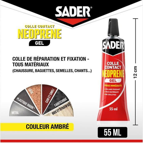 Colle contact néoprene gel extra forte - SADER - Tous matériaux - Prise immédiate - Tube 55 ml