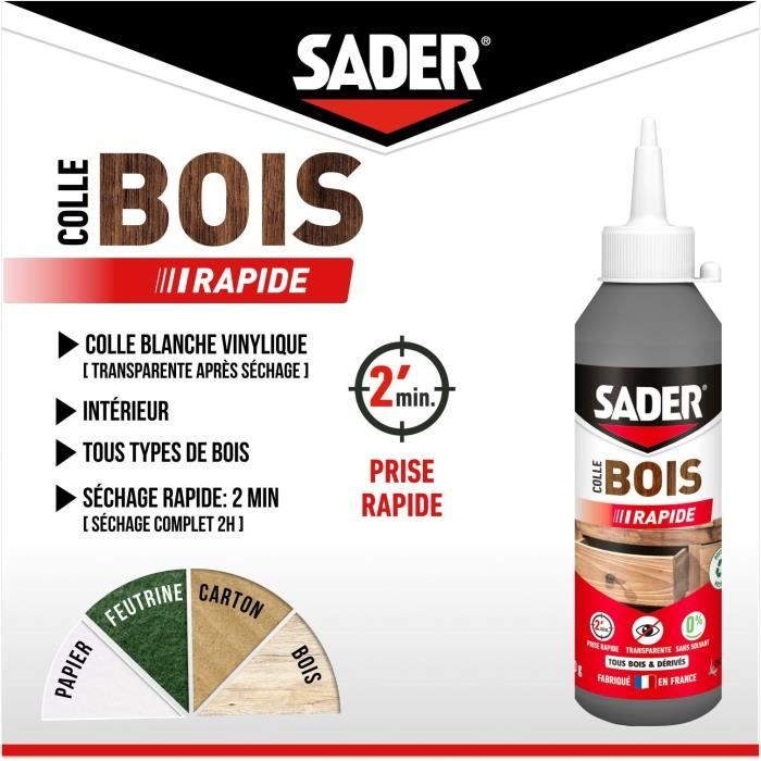 Colle bois - SADER - Prise rapide 2 min - Tous bois - Intérieur - Transparente apres séchage - Biberon 250 g