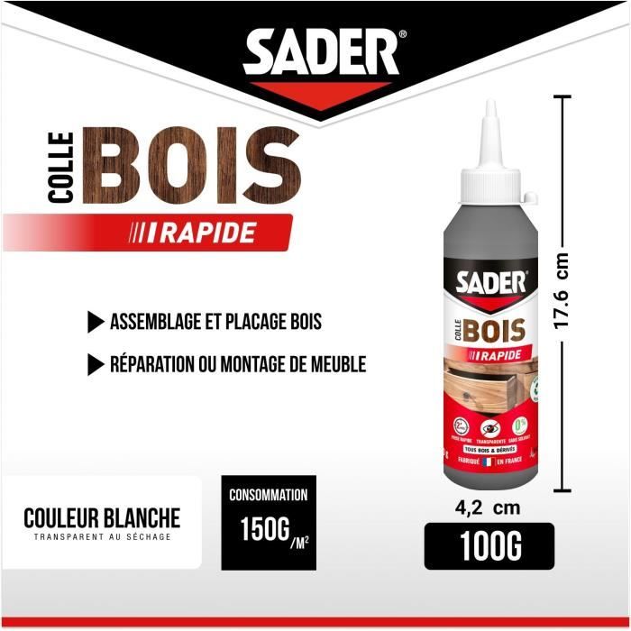 Colle bois - SADER - Prise rapide 2 min - Tous bois - Intérieur - Transparente apres séchage - Biberon 100 g
