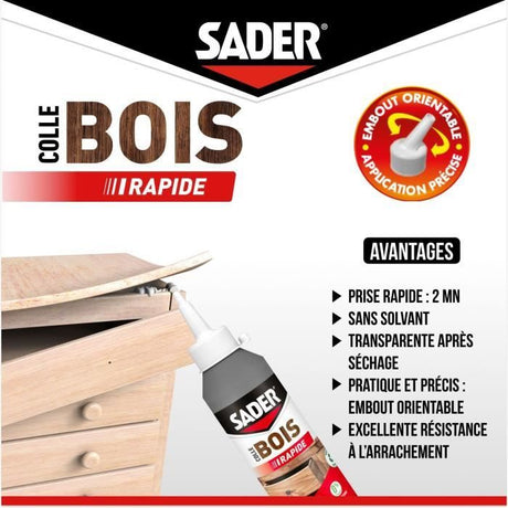 Colle bois - SADER - Prise rapide 2 min - Tous bois - Intérieur - Transparente apres séchage - Biberon 100 g
