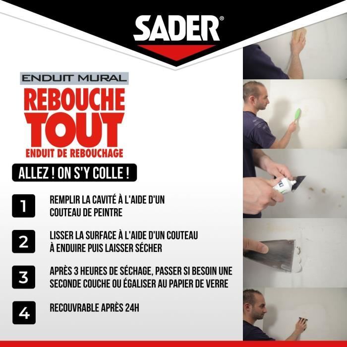 Enduit de rebouchage - SADER - Rebouche Tout - Pret a l'emploi - Trous et fissures - Joint plaque de plâtre - Tube 330 g