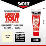 Enduit de rebouchage - SADER - Rebouche Tout - Pret a l'emploi - Trous et fissures - Joint plaque de plâtre - Tube 330 g