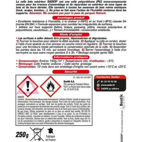 Colle bois extérieur - SADER - PU Polyuréthane - Ultra résistante - Humidité et chaleur - Biberon 250 g