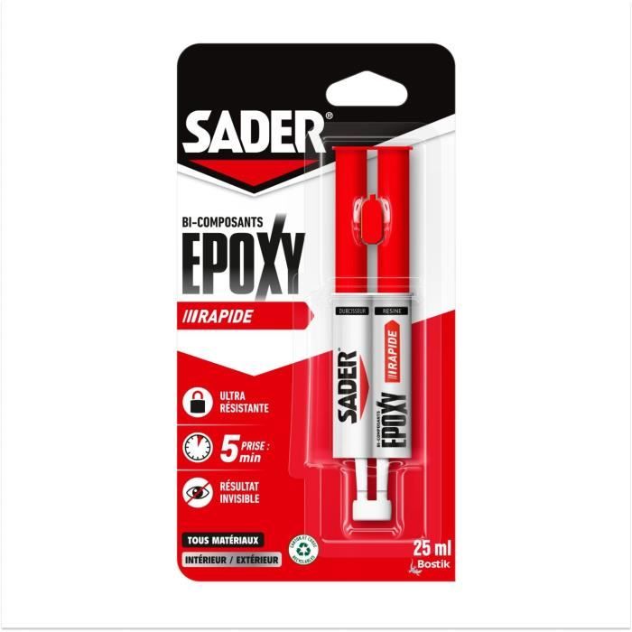 Colle époxy - SADER - Bi-composant rapide - Tous supports - Forte et résistante - Transparent - Seringue 25 ml