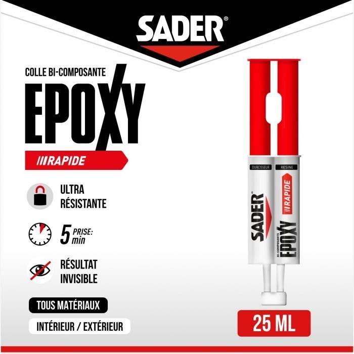 Colle époxy - SADER - Bi-composant rapide - Tous supports - Forte et résistante - Transparent - Seringue 25 ml