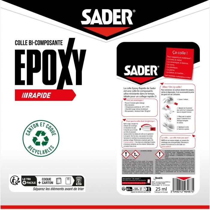 Colle époxy - SADER - Bi-composant rapide - Tous supports - Forte et résistante - Transparent - Seringue 25 ml