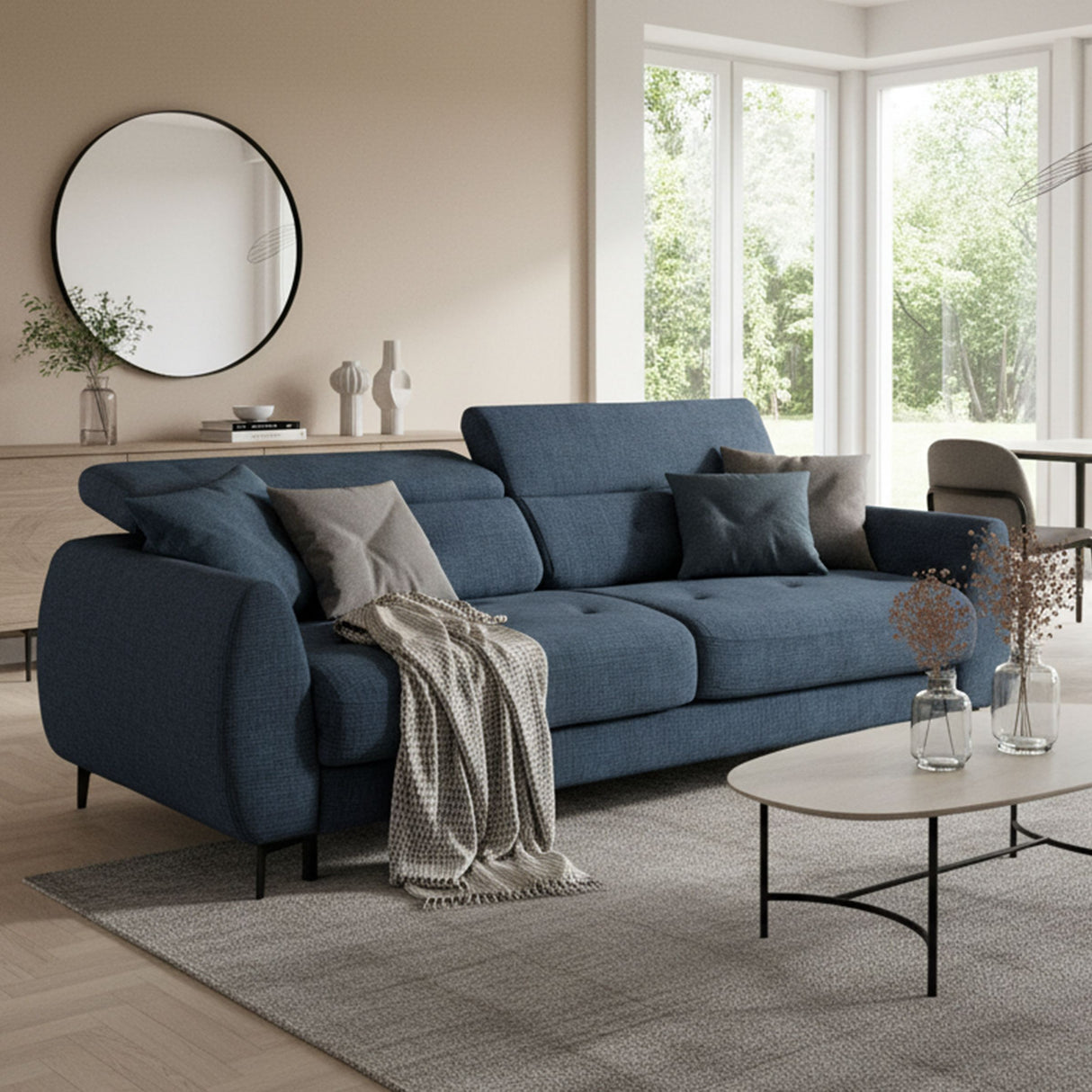 Canapé convertible express - 2 / 3 places - SAFIA - Tissu gauffré - Saphir - Matelas 15 cm - 206 x 105 x 76/94 cm - DUNLOPILLO