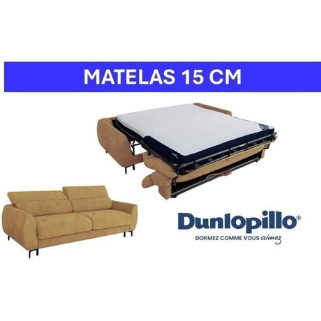 Canapé convertible express - 3 places - SAFIA - Tissu gauffré - Ocre - Matelas 15 cm - 226 x 105 x 76 / 94 cm - DUNLOPILLO